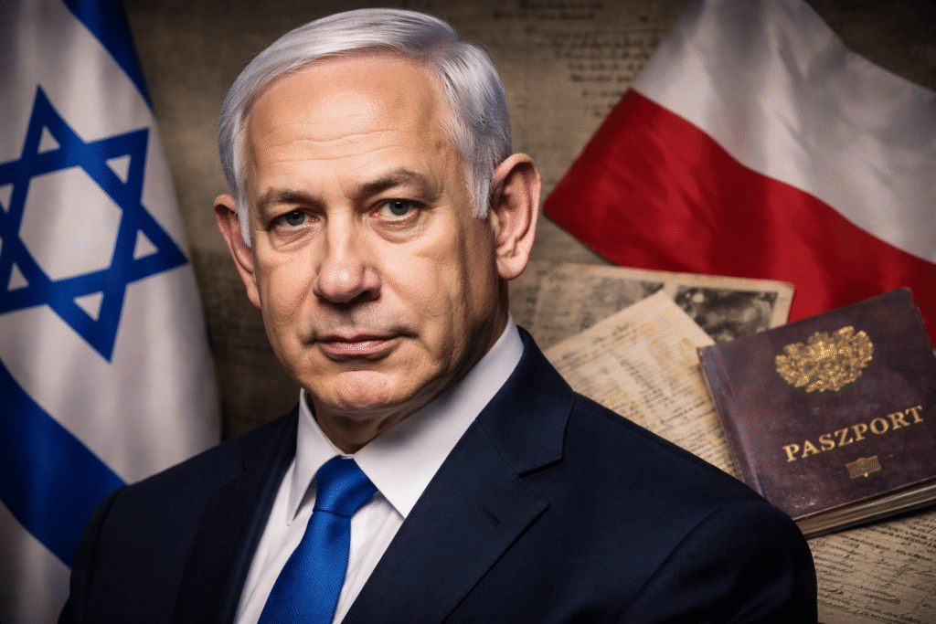Portrait of Benjamin Netanyahu in a suit with Israeli and Polish flags behind him, alongside historical documents and a Polish passport displayed in the background.