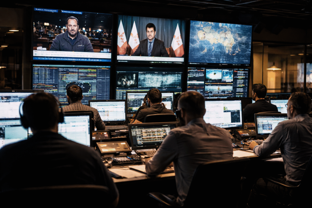 Journalists and producers working inside a newsroom control room with multiple monitors displaying international news coverage and world maps.
