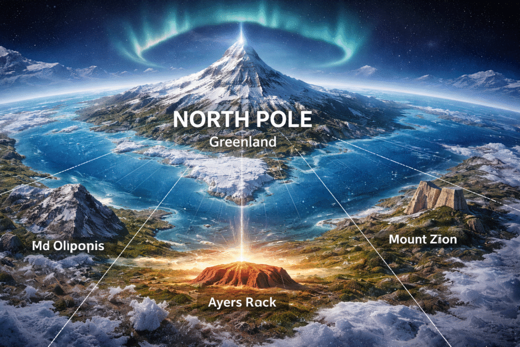 Illustration showing Greenland depicted as the North Pole with surrounding icy landscape and a conceptual alignment connecting Greenland, Mount Zion, and Ayers Rock.
