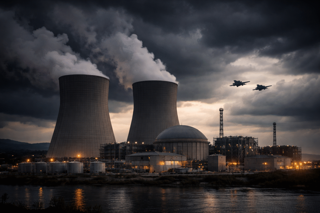 Nuclear power plant with large cooling towers emitting steam under dark storm clouds, with industrial buildings and distant jets in the sky.