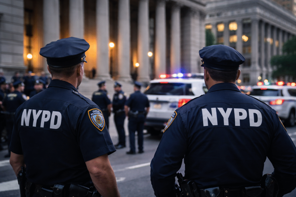 NYPD officers standing outside a courthouse with police vehicles and flashing lights in the background during an active response scene