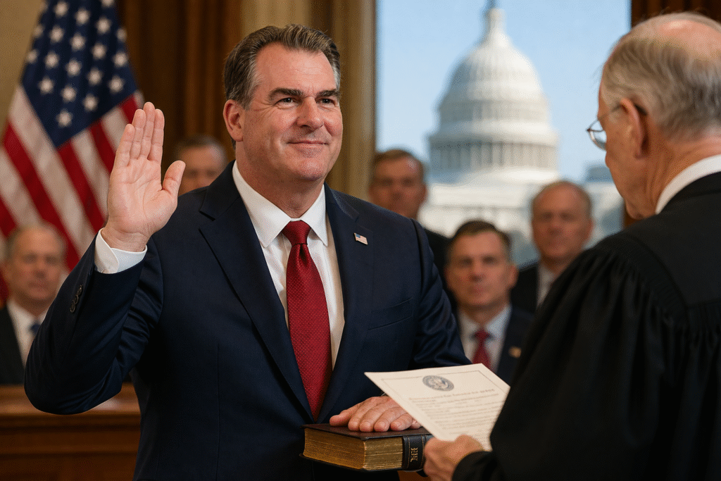 Man taking oath of office during formal Senate swearing-in ceremony, raising hand with Capitol building visible in background