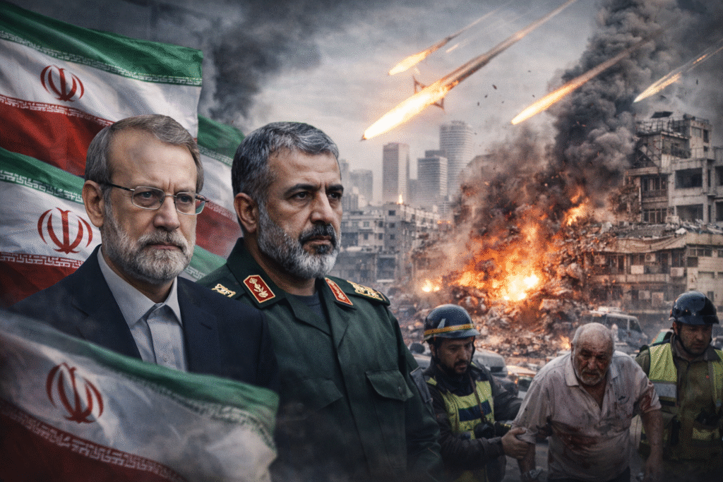 Missiles striking a city with explosions and smoke, emergency responders assisting civilians, and Iranian officials shown alongside national flags, illustrating escalating conflict between Iran and Israel.