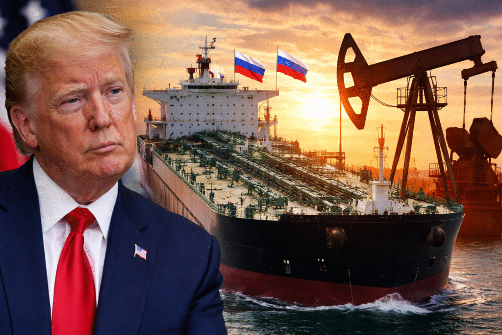 President Donald Trump beside a large oil tanker carrying Russian flags while oil pump jacks operate at sunset, symbolizing global oil markets and energy supply.
