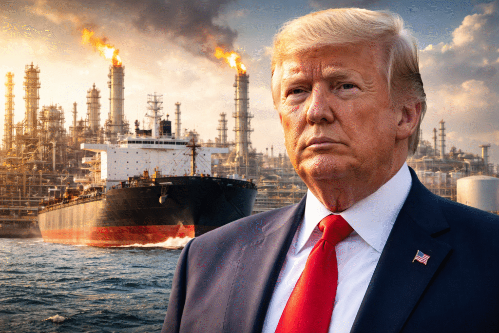 President Donald Trump standing before an oil tanker and large refinery with active flare stacks, symbolizing U.S. energy supply and oil transport infrastructure.