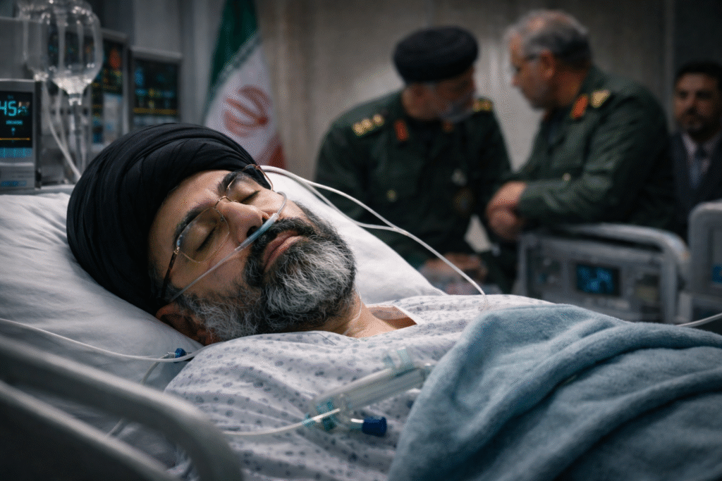 Iranian cleric Mojtaba Khamenei lying in a hospital bed wearing a black turban and glasses, connected to medical monitors with Iranian officials in the background.