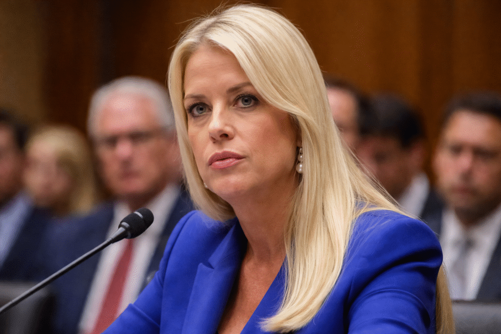 Attorney General Pam Bondi seated at a microphone during a congressional hearing, with lawmakers and staff blurred in the background of the committee room.