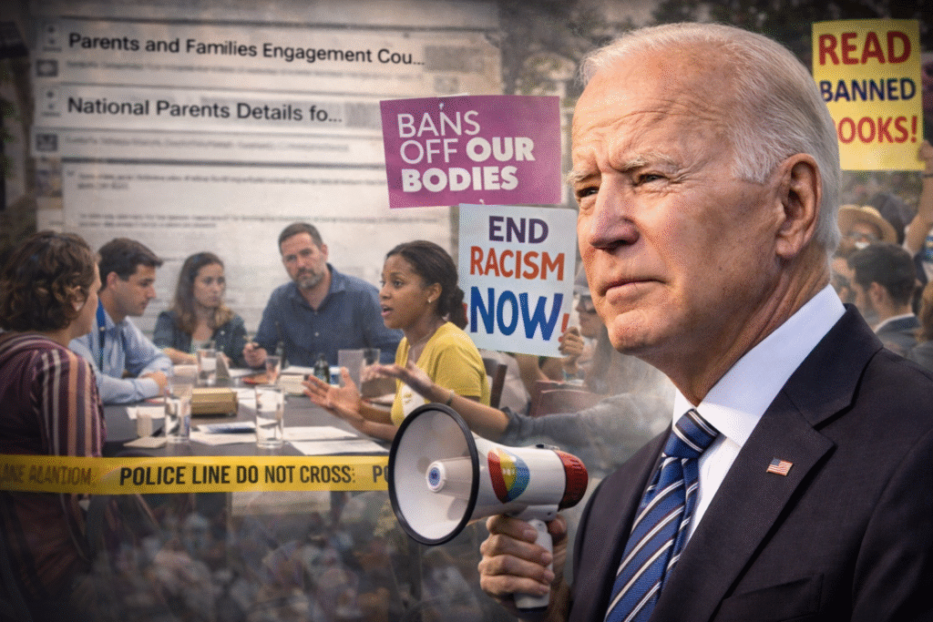 President Joe Biden in foreground with megaphone, with a background showing a parents council meeting, protest signs, and documents representing education policy and activism.
