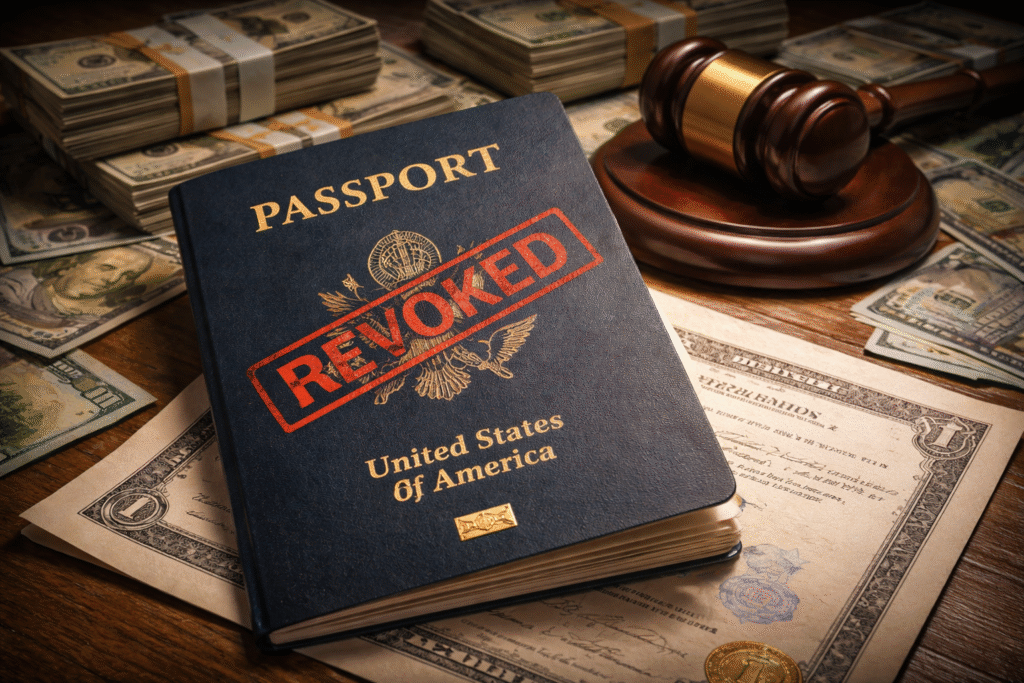 Close-up of a U.S. passport on a table surrounded by stacks of cash and legal documents, with a judge’s gavel nearby, symbolizing a legal case involving financial fraud.