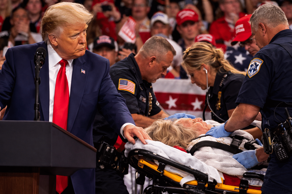 President Donald Trump pauses at a rally podium as first responders and medical personnel assist an elderly woman on a stretcher in the crowd behind him.
