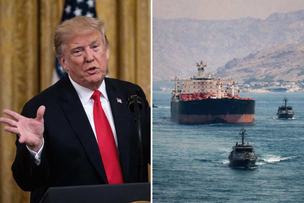Split image showing President Donald Trump speaking at a podium on one side and a large oil tanker escorted by military vessels in the Strait of Hormuz on the other.