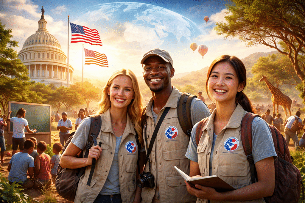 Three Peace Corps volunteers standing outdoors in front of the U.S. Capitol and a rural community scene, with an American flag, children learning at a chalkboard, and a savanna landscape in the background.