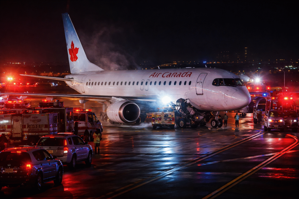 Air Canada passenger plane on a nighttime runway surrounded by emergency vehicles with flashing lights after a collision, with visible damage near the front landing gear and responders on scene