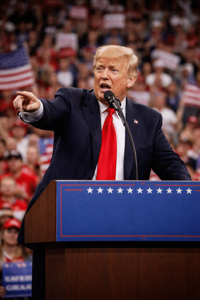 President Donald Trump speaking at a rally behind a podium, pointing outward while addressing a crowd of supporters with American flags in the background