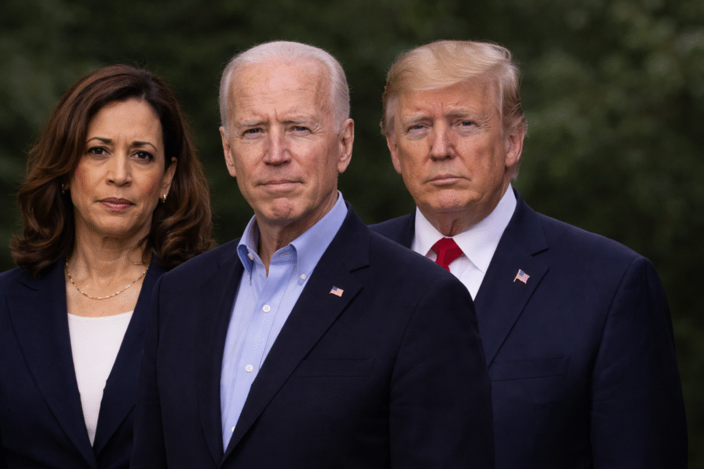 Kamala Harris, Joe Biden and Donald Trump standing side by side outdoors, wearing formal attire and facing forward with serious expressions against a blurred green background.