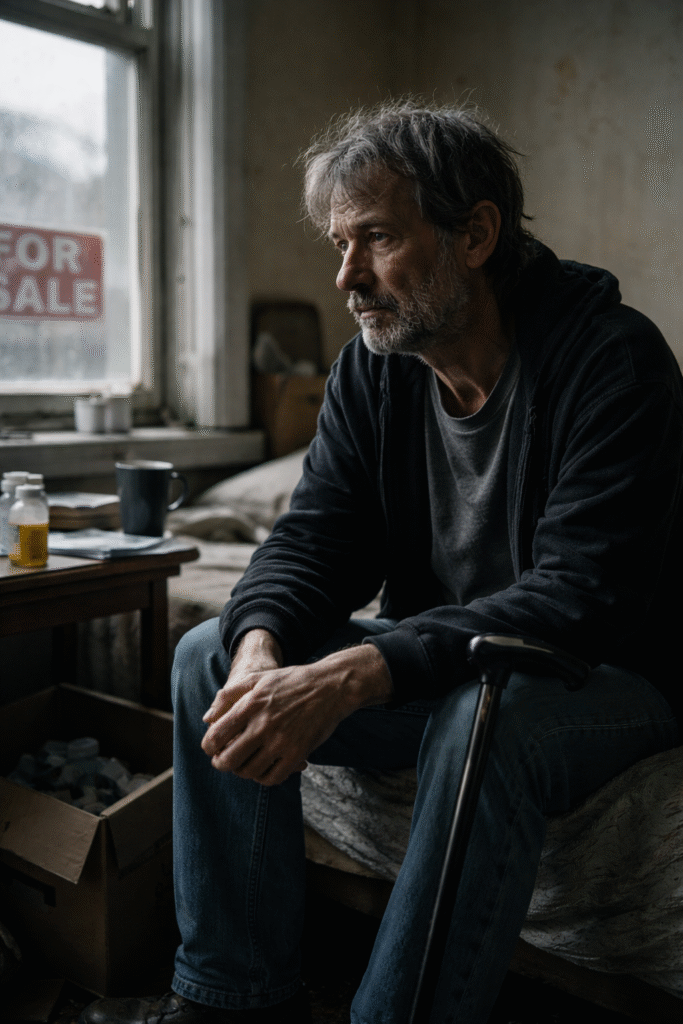 Middle-aged man sitting on the edge of a bed in a dim apartment, looking out a window with a “For Sale” sign visible outside, conveying financial hardship and uncertainty.