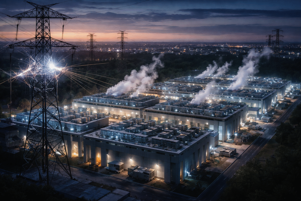 Large modern data center complex at dusk with high-voltage transmission towers in the foreground, visible electrical sparks on power lines, rooftop cooling units emitting steam, and illuminated server buildings connected to the surrounding grid.