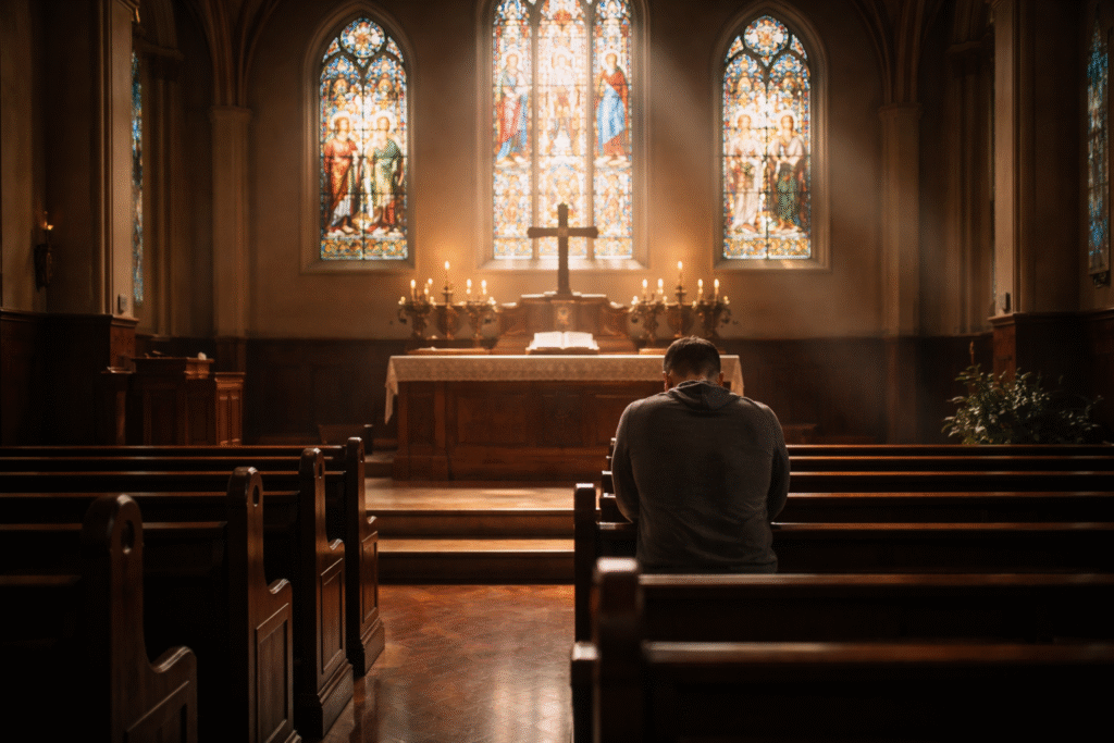 Person kneeling in prayer inside a church with sunlight streaming through stained glass windows, creating a peaceful and reverent atmosphere
