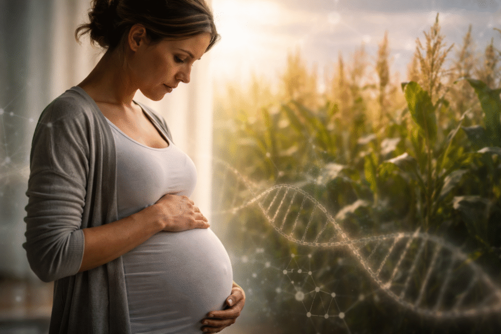 Pregnant woman holding her belly in soft light with a cornfield in the background and a faint DNA strand overlay symbolizing GMO-related exposure.
