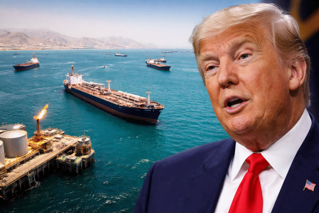 Composite image showing President Donald Trump alongside oil tankers and an offshore platform in the Strait of Hormuz.