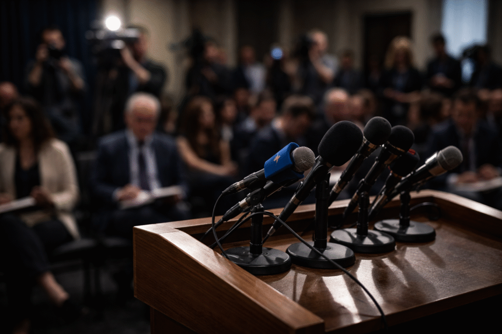 Podium with multiple microphones in front of a blurred group of reporters and cameras, representing a press briefing and media coverage environment.