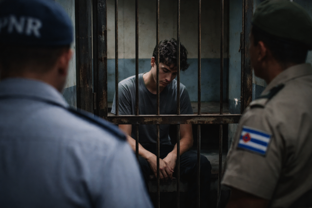 A young man sits behind metal bars in a dim detention cell while two uniformed officers stand in the foreground, suggesting a tense custody setting.