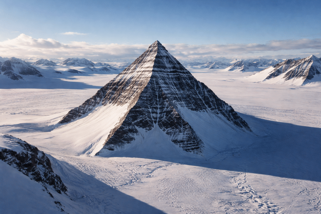A sharply pointed, pyramid-shaped mountain rising from a flat Antarctic ice plain, with snow-covered slopes and long shadows under a clear polar sky.