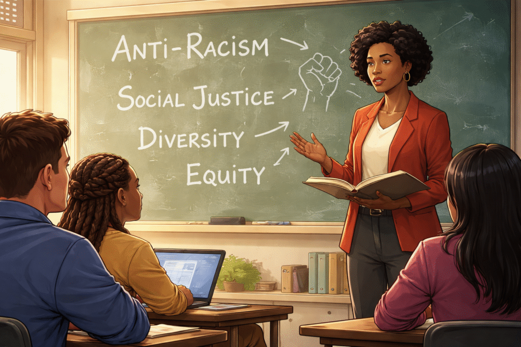 Classroom scene with a university professor leading a discussion as students listen attentively, with a chalkboard behind her showing diagrams and concepts related to writing instruction.