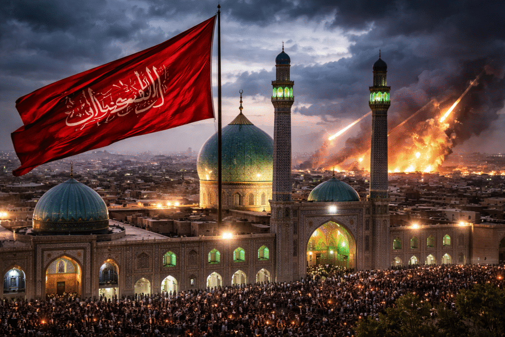 Red flag raised above the Jamkaran Mosque in Qom at dusk, with crowds gathered in the courtyard and missile trails and explosions visible over the city skyline in the distance.