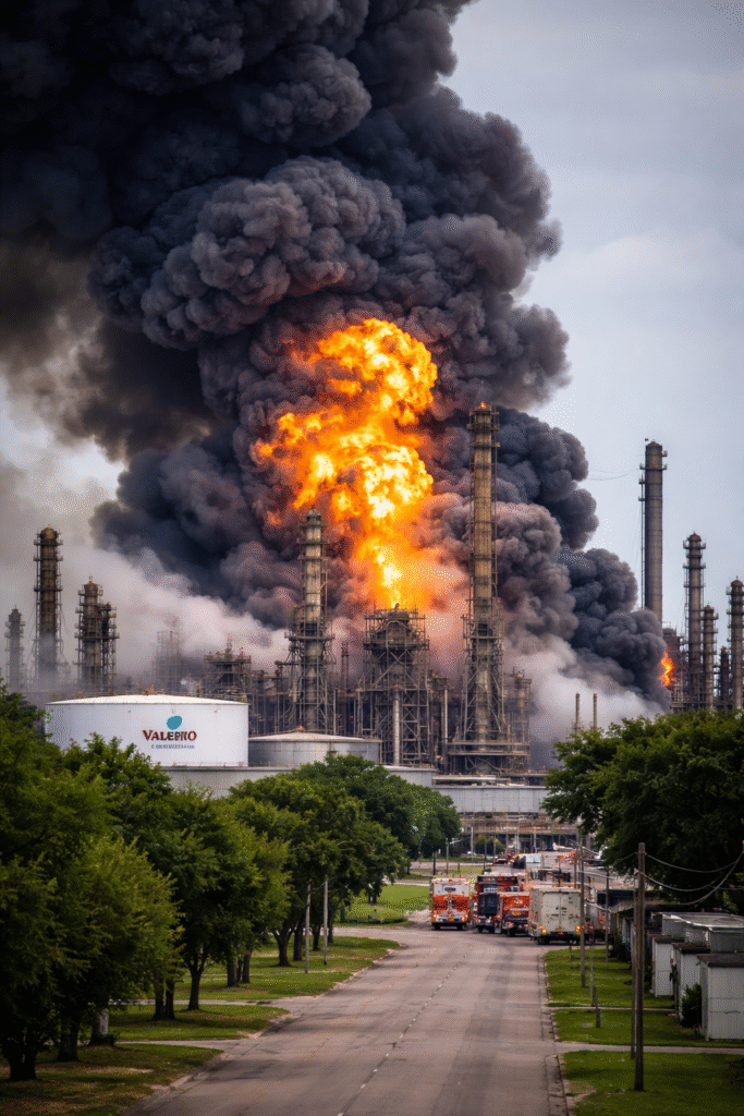 Massive explosion at an oil refinery with large flames and thick black smoke rising into the sky as emergency vehicles respond nearby.