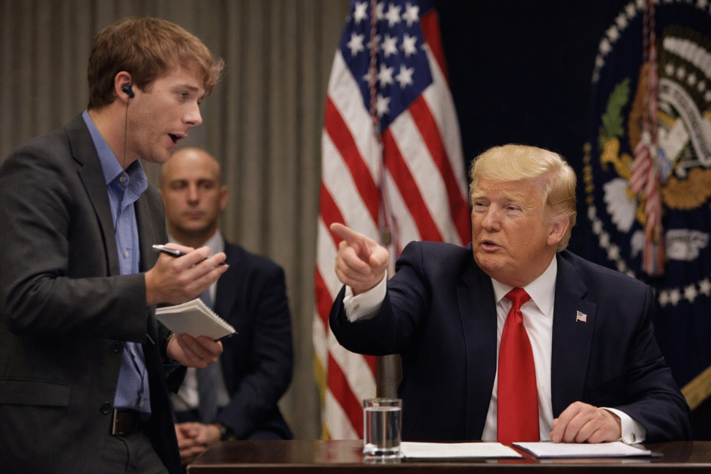 President Donald Trump points toward a reporter during a tense press exchange as a journalist holds a notepad and microphone in front of him.