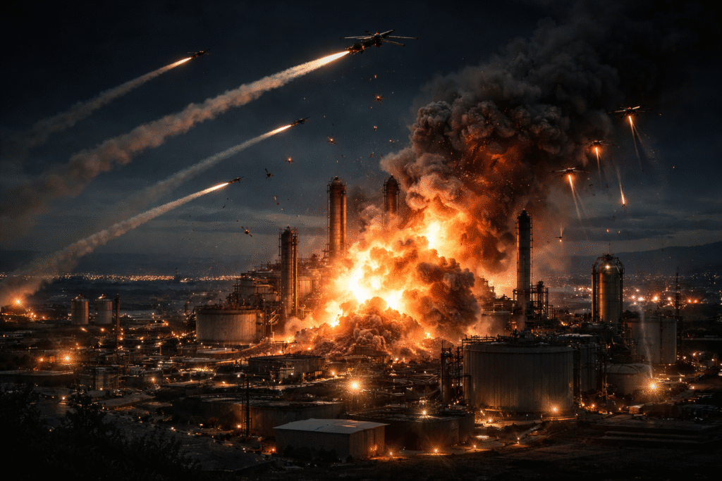 Industrial facility engulfed in flames at night as missiles and drones strike, with explosions, smoke, and fire lighting up the surrounding area.