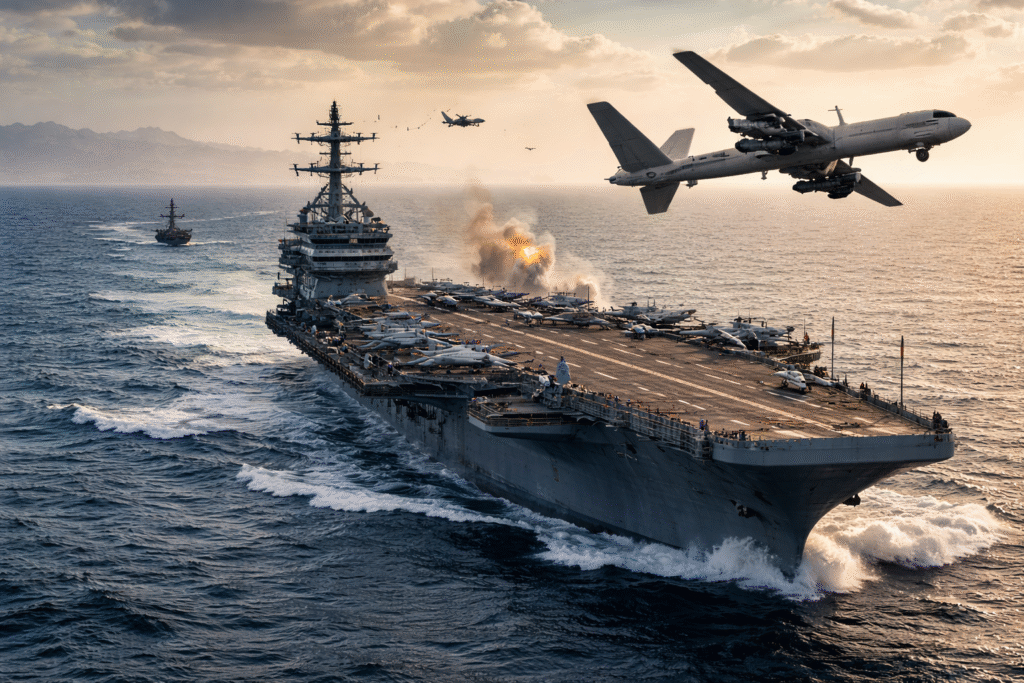 U.S. Navy aircraft carrier sailing in open water with fighter jets flying overhead and escort ships nearby during military operations.