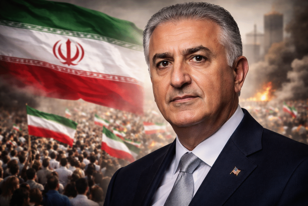 Portrait of Reza Pahlavi in a suit with the Iranian flag behind him and a large protest crowd in the background.