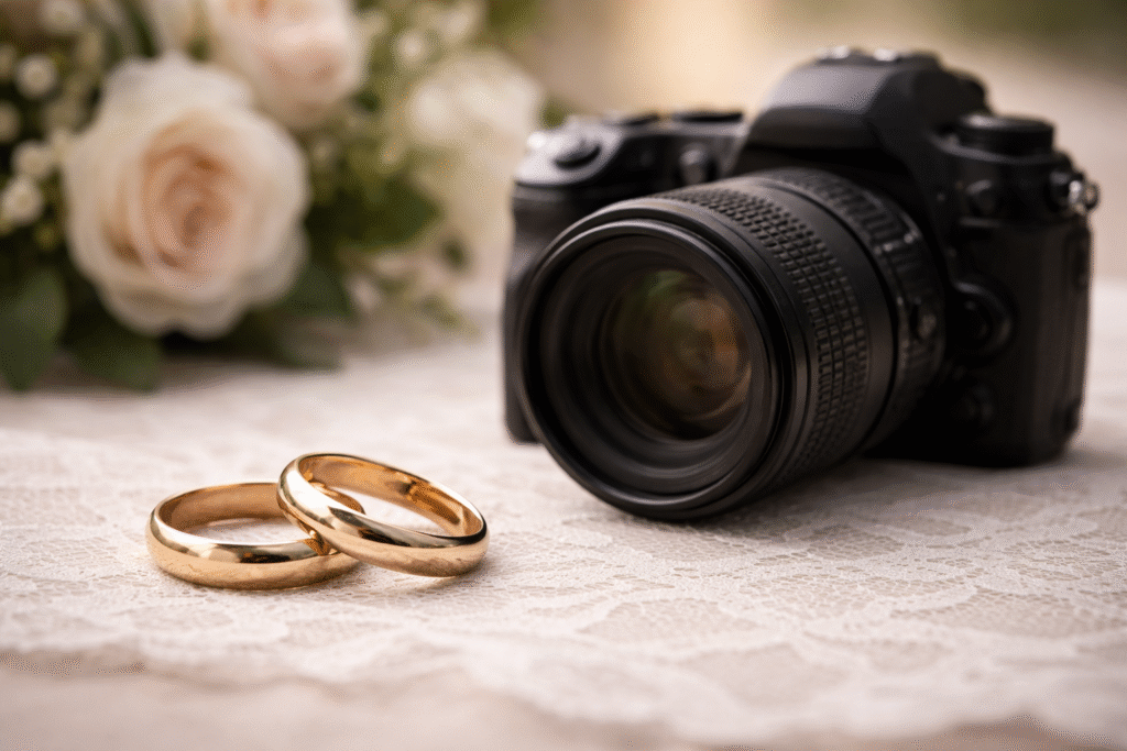 Two gold wedding rings resting on a lace surface beside a professional DSLR camera, with soft-focus floral background.