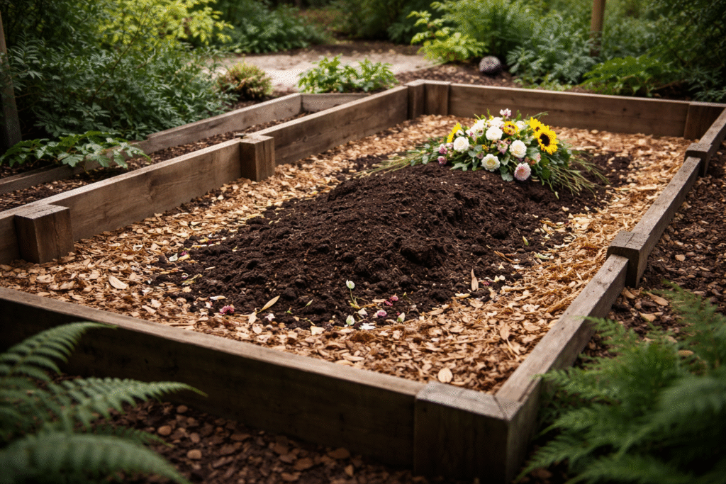 A contained composting bed filled with dark soil and wood chips, topped with flowers, set within a natural garden environment, symbolizing human composting in a respectful setting.