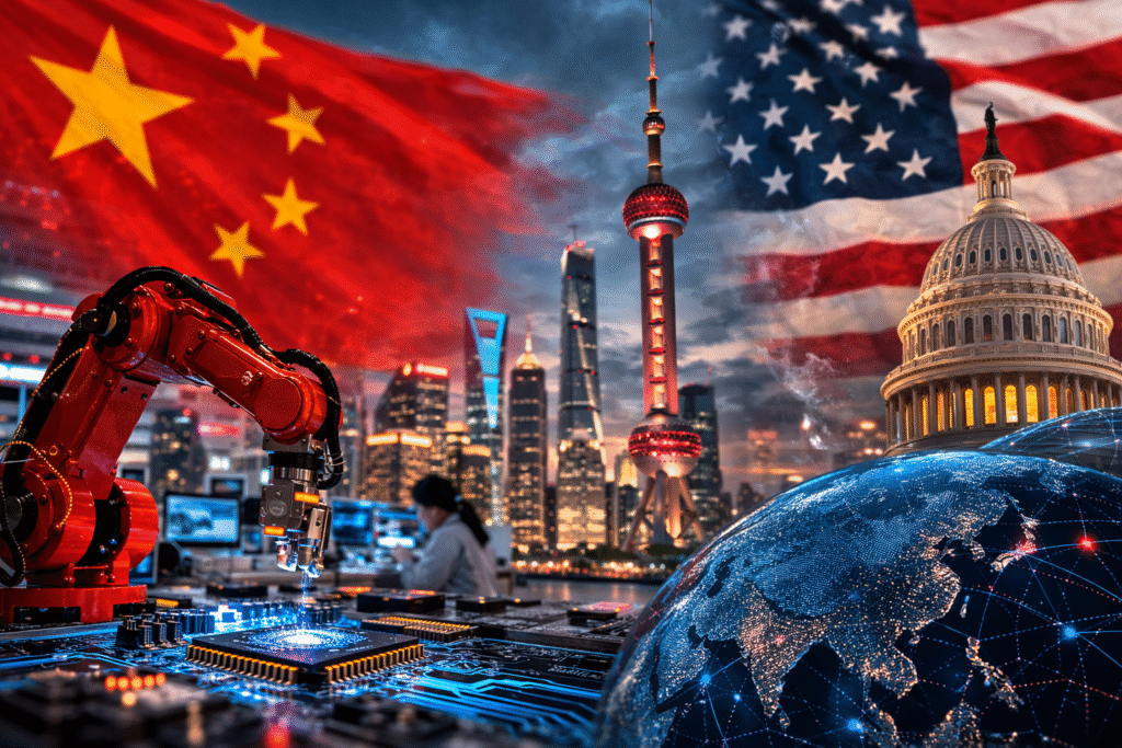Composite illustration showing China–U.S. technology rivalry with Chinese and American flags, a robotic arm over a microchip, Shanghai skyline, and the U.S. Capitol building.