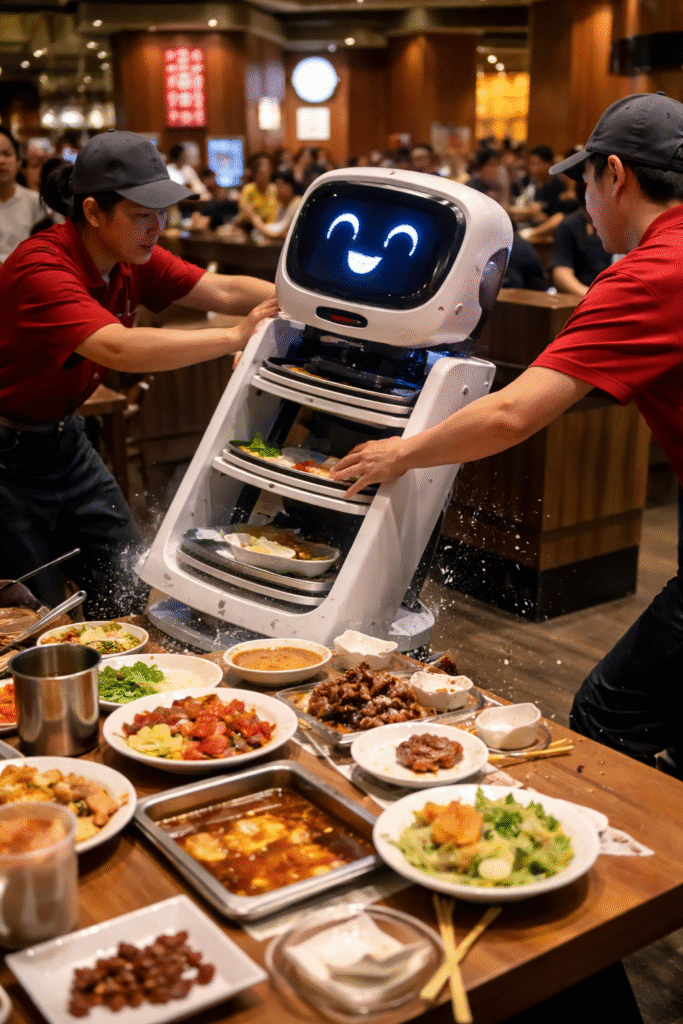 Service robot colliding with a restaurant table, spilling dishes and food as two staff members attempt to stop it in a busy dining area