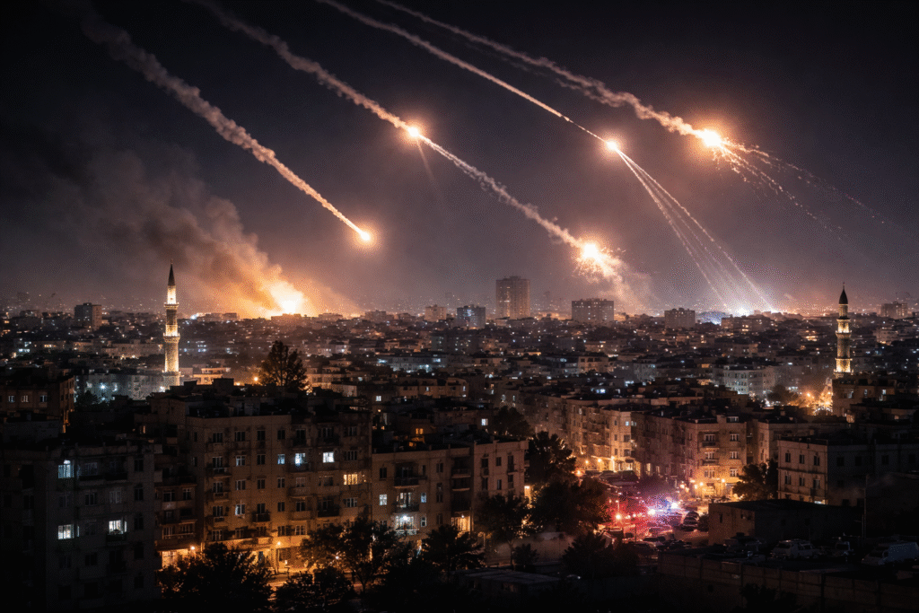 Nighttime city skyline with missile trails and air defense interceptions lighting the sky above residential buildings, with emergency lights visible below.