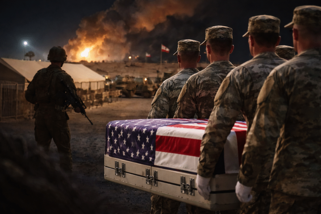 U.S. soldiers carry a flag-draped transfer case during a military casualty transfer while an explosion burns in the distance at a Middle East military base at night.