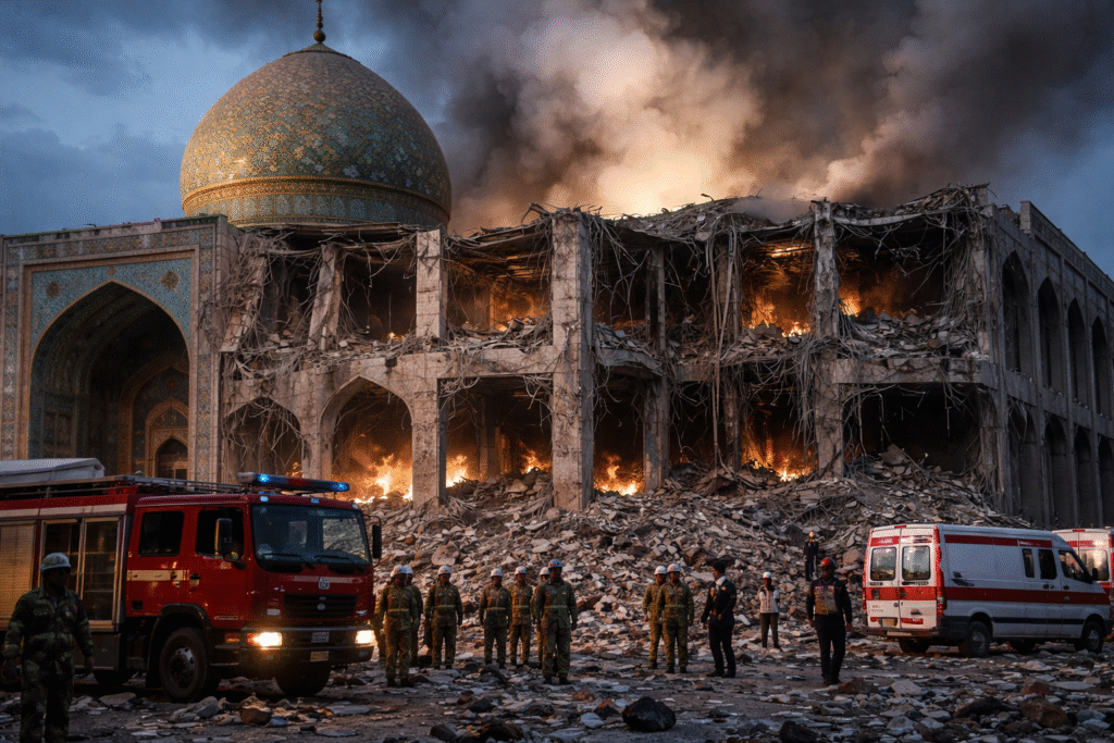 Damaged religious government building in Qom, Iran with a collapsed facade, burning debris, and emergency vehicles responding after an airstrike.