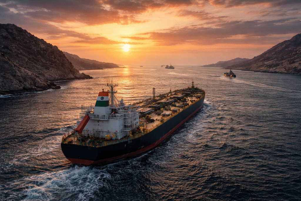 Large oil tanker sailing through the Strait of Hormuz at sunset with naval vessels in the distance and rugged coastlines on both sides of the waterway.