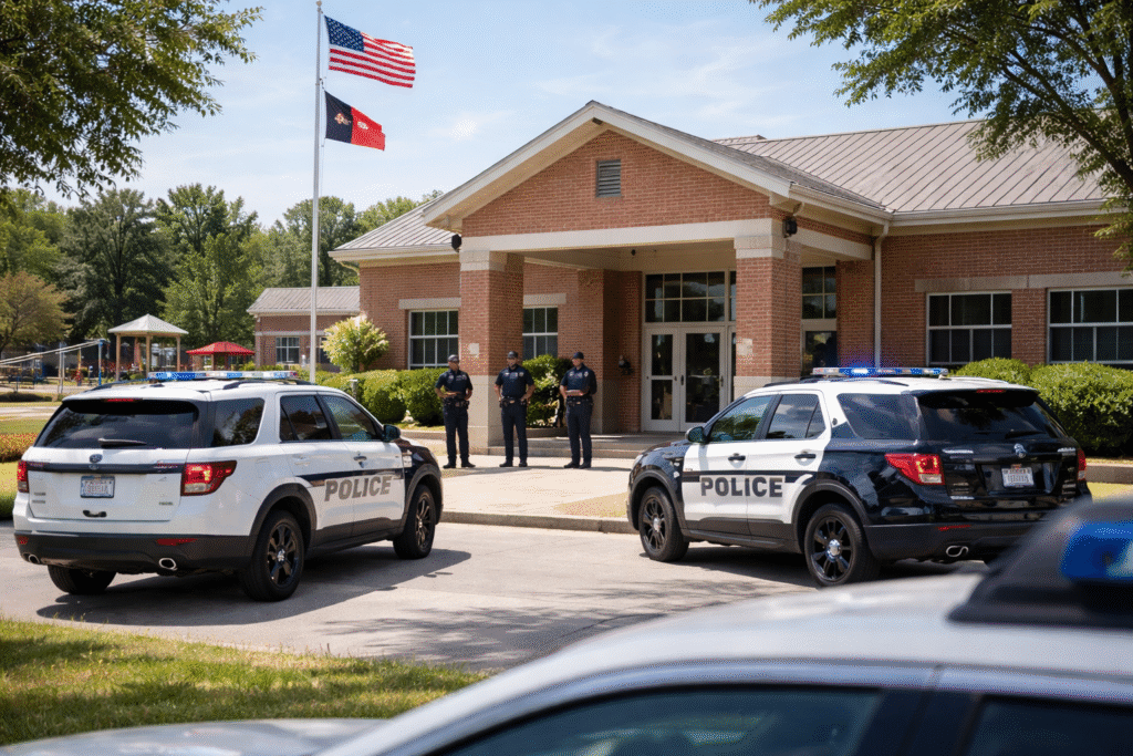 Police vehicles parked outside a suburban elementary school with officers standing near the entrance under a clear daytime sky.