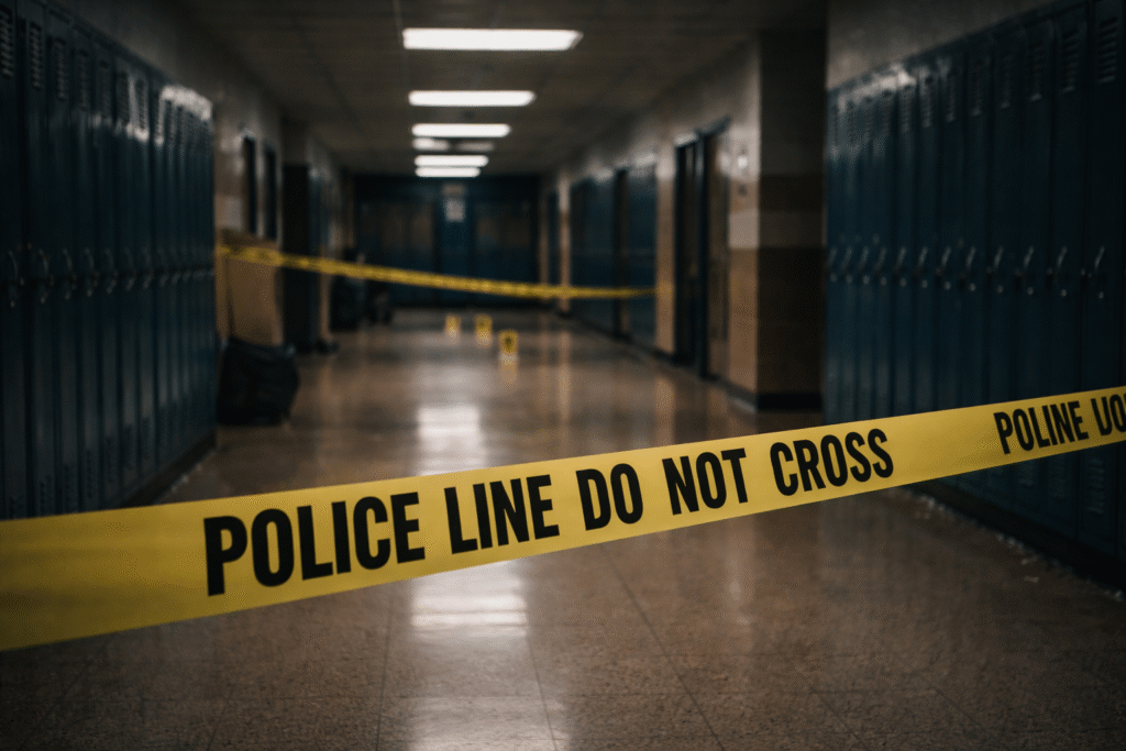 School hallway with lockers blocked by police tape, indicating an active investigation and restricted access area