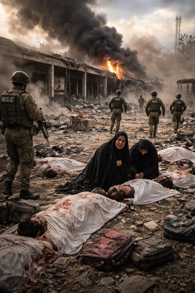 Women kneeling beside covered bodies outside a heavily damaged school building, with smoke rising from the structure and armed personnel standing among the rubble in the background.