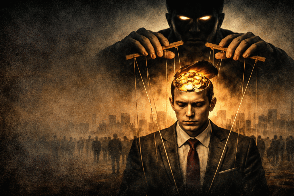 Man in a suit depicted as a puppet with strings attached, controlled by a shadowy figure with glowing eyes, while exposed gears glow inside his open head against a dark city backdrop.