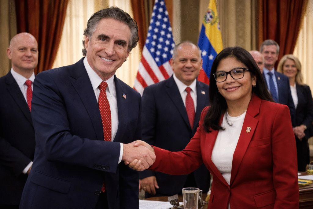 U.S. Interior Secretary Doug Burgum shaking hands with Venezuelan Vice President Delcy Rodríguez during a diplomatic meeting at Miraflores Palace with U.S. and Venezuelan flags in the background.