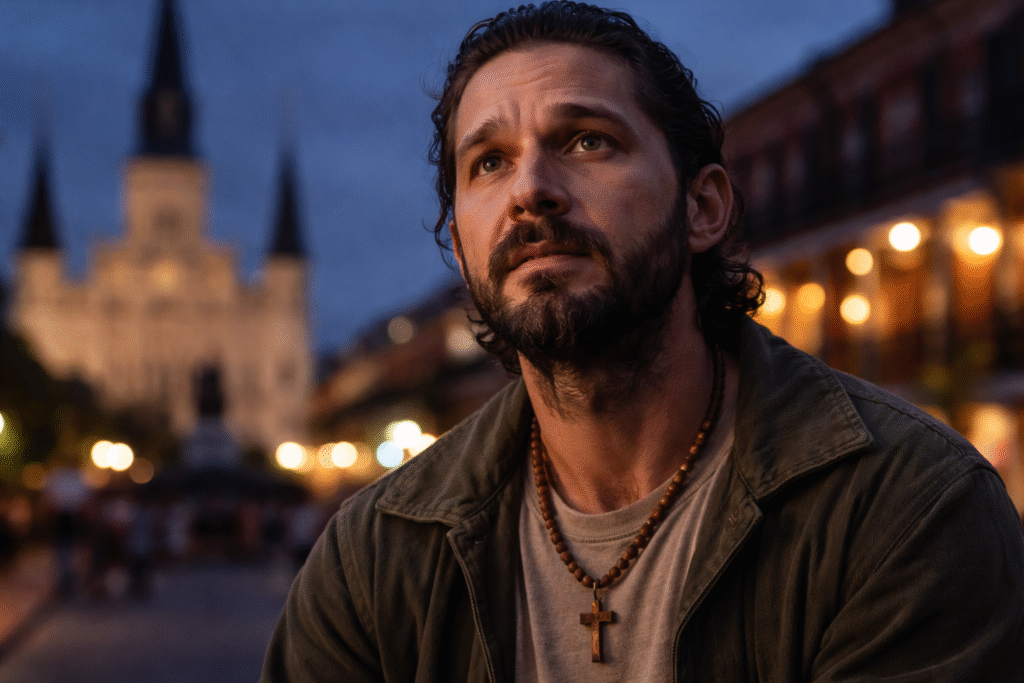 Close-up of a bearded man wearing a wooden rosary with a cross pendant, looking upward with an emotional expression at dusk in New Orleans, with a softly lit cathedral and city lights blurred in the background.