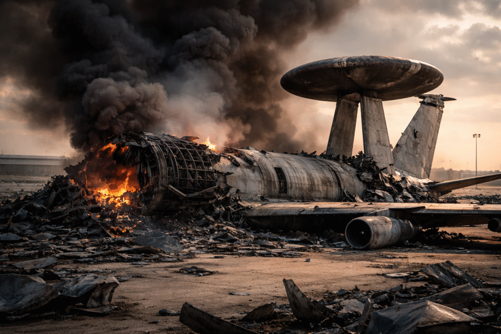 Wreckage of a large surveillance aircraft on an airbase, with heavy fire damage, thick black smoke rising, and debris scattered across the ground.
