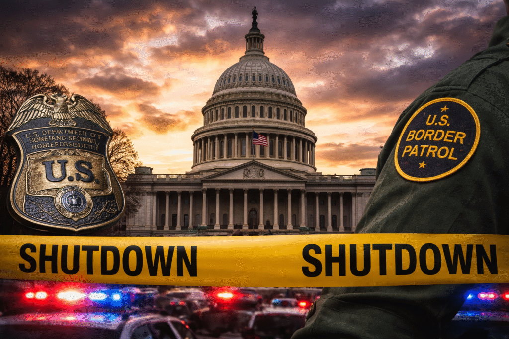 U.S. Capitol building at sunset with DHS badge and Border Patrol uniform in foreground, police vehicles with flashing lights gathered below indicating a federal shutdown scene